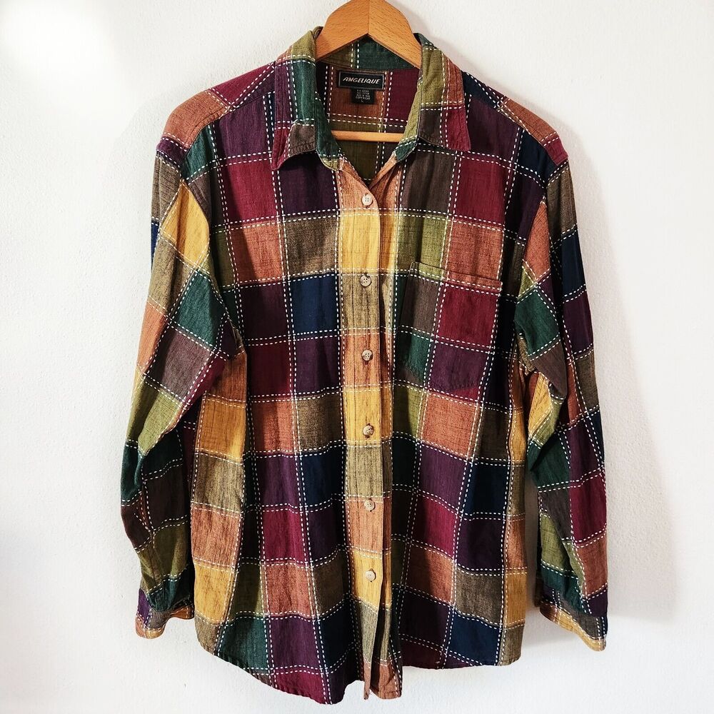 Angelique Fall Red Rust Green Plaid Embroidered Long Sleeve Buttoned Down L